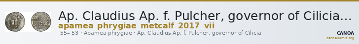 Ap. Claudius Ap. f. Pulcher, governor of Cilicia Apamea in Phrygia Metcalf 2017 VII — CANOA