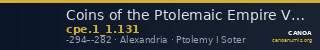 Coins of the Ptolemaic Empire Vol. I, Part 1, no. 131 — CANOA