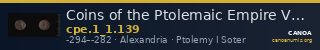 Coins of the Ptolemaic Empire Vol. I, Part 1, no. 139 — CANOA