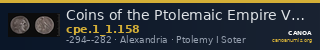 Coins of the Ptolemaic Empire Vol. I, Part 1, no. 158 — CANOA