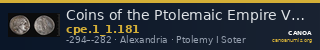 Coins of the Ptolemaic Empire Vol. I, Part 1, no. 181 — CANOA