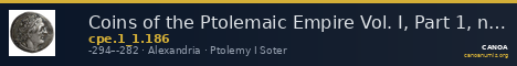 Coins of the Ptolemaic Empire Vol. I, Part 1, no. 186 — CANOA