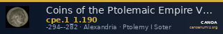 Coins of the Ptolemaic Empire Vol. I, Part 1, no. 190 — CANOA