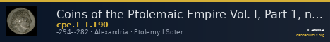 Coins of the Ptolemaic Empire Vol. I, Part 1, no. 190 — CANOA