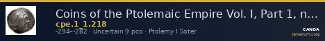 Coins of the Ptolemaic Empire Vol. I, Part 1, no. 218 — CANOA