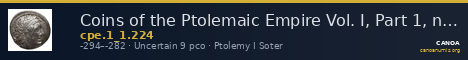 Coins of the Ptolemaic Empire Vol. I, Part 1, no. 224 — CANOA