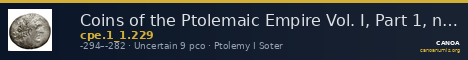Coins of the Ptolemaic Empire Vol. I, Part 1, no. 229 — CANOA