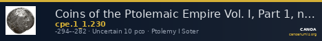 Coins of the Ptolemaic Empire Vol. I, Part 1, no. 230 — CANOA