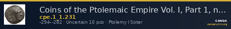 Coins of the Ptolemaic Empire Vol. I, Part 1, no. 231 — CANOA