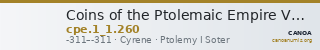 Coins of the Ptolemaic Empire Vol. I, Part 1, no. 260 — CANOA