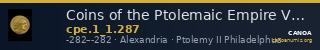 Coins of the Ptolemaic Empire Vol. I, Part 1, no. 287 — CANOA