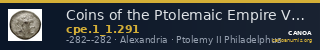 Coins of the Ptolemaic Empire Vol. I, Part 1, no. 291 — CANOA