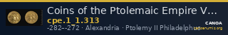 Coins of the Ptolemaic Empire Vol. I, Part 1, no. 313 — CANOA