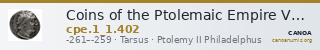 Coins of the Ptolemaic Empire Vol. I, Part 1, no. 402 — CANOA