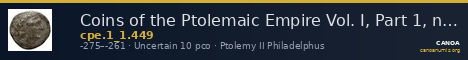 Coins of the Ptolemaic Empire Vol. I, Part 1, no. 449 — CANOA