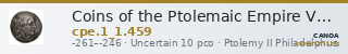 Coins of the Ptolemaic Empire Vol. I, Part 1, no. 459 — CANOA