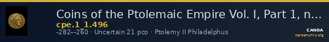 Coins of the Ptolemaic Empire Vol. I, Part 1, no. 496 — CANOA