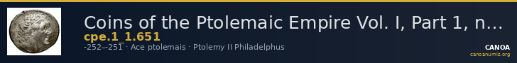 Coins of the Ptolemaic Empire Vol. I, Part 1, no. 651 — CANOA