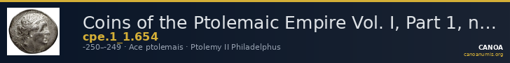 Coins of the Ptolemaic Empire Vol. I, Part 1, no. 654 — CANOA