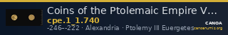 Coins of the Ptolemaic Empire Vol. I, Part 1, no. 740 — CANOA