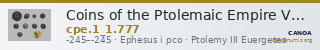 Coins of the Ptolemaic Empire Vol. I, Part 1, no. 777 — CANOA