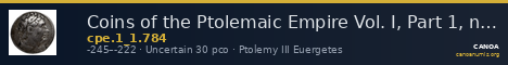 Coins of the Ptolemaic Empire Vol. I, Part 1, no. 784 — CANOA