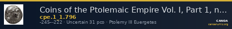 Coins of the Ptolemaic Empire Vol. I, Part 1, no. 796 — CANOA