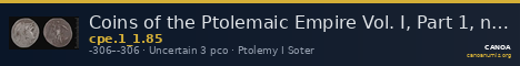 Coins of the Ptolemaic Empire Vol. I, Part 1, no. 85 — CANOA