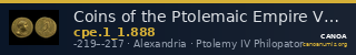 Coins of the Ptolemaic Empire Vol. I, Part 1, no. 888 — CANOA