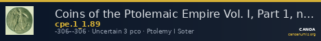 Coins of the Ptolemaic Empire Vol. I, Part 1, no. 89 — CANOA