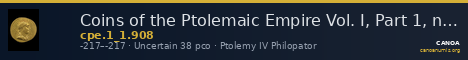 Coins of the Ptolemaic Empire Vol. I, Part 1, no. 908 — CANOA