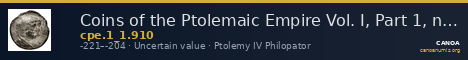 Coins of the Ptolemaic Empire Vol. I, Part 1, no. 910 — CANOA
