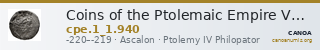 Coins of the Ptolemaic Empire Vol. I, Part 1, no. 940 — CANOA