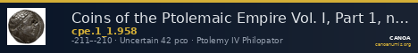 Coins of the Ptolemaic Empire Vol. I, Part 1, no. 958 — CANOA