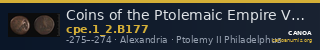 Coins of the Ptolemaic Empire Vol. I, Part II, no. B177 — CANOA