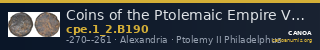 Coins of the Ptolemaic Empire Vol. I, Part II, no. B190 — CANOA