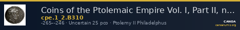 Coins of the Ptolemaic Empire Vol. I, Part II, no. B310 — CANOA