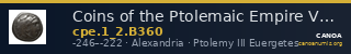 Coins of the Ptolemaic Empire Vol. I, Part II, no. B360 — CANOA