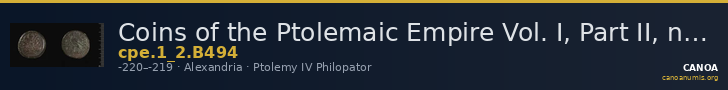 Coins of the Ptolemaic Empire Vol. I, Part II, no. B494 — CANOA