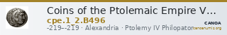 Coins of the Ptolemaic Empire Vol. I, Part II, no. B496 — CANOA