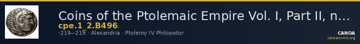 Coins of the Ptolemaic Empire Vol. I, Part II, no. B496 — CANOA