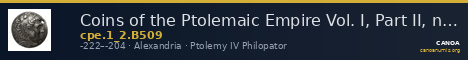 Coins of the Ptolemaic Empire Vol. I, Part II, no. B509 — CANOA