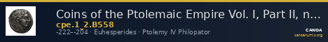 Coins of the Ptolemaic Empire Vol. I, Part II, no. B558 — CANOA