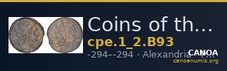 Coins of the Ptolemaic Empire Vol. I, Part II, no. B93 — CANOA