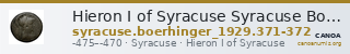 Hieron I of Syracuse Syracuse Boerhinger 1929 371-372 — CANOA