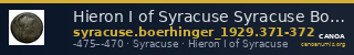 Hieron I of Syracuse Syracuse Boerhinger 1929 371-372 — CANOA
