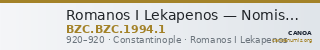 Romanos I Lekapenos — Nomisma (Constantinople, 920) — CANOA