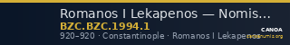 Romanos I Lekapenos — Nomisma (Constantinople, 920) — CANOA