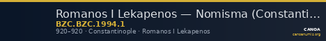 Romanos I Lekapenos — Nomisma (Constantinople, 920) — CANOA