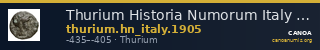 Thurium Historia Numorum Italy 1905 — CANOA